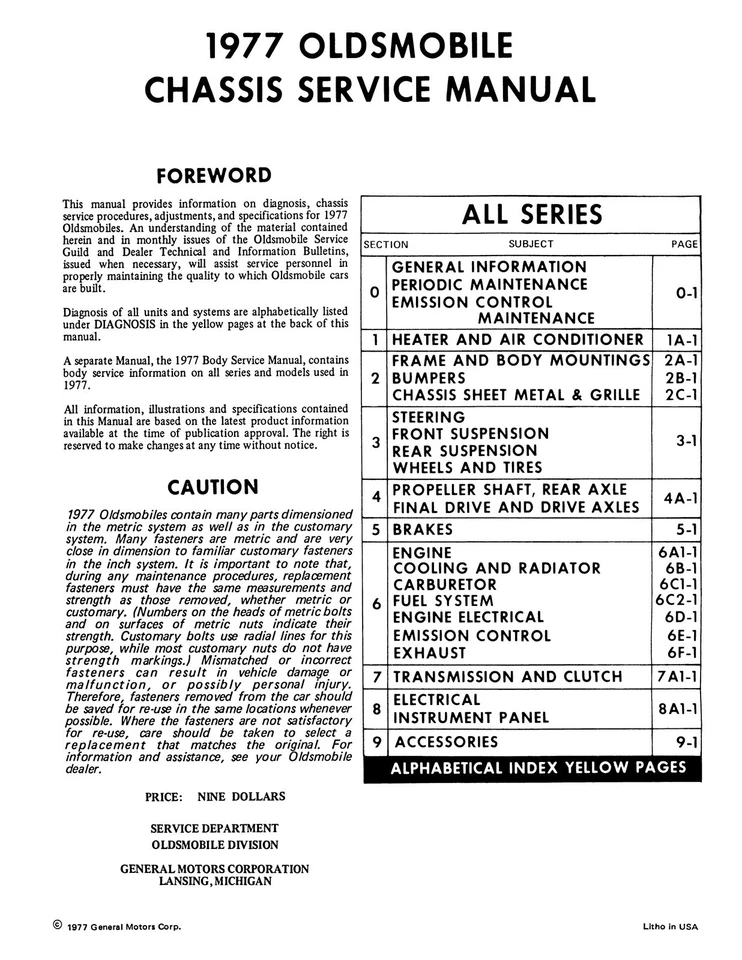 1977 Oldsmobile Service Manual - Includes 11x17 inch COLOR Wiring Diagrams - Image 2 of 4