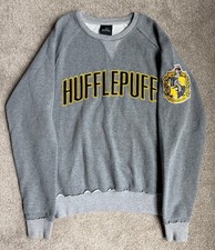 Harry Potter Sweater Womens Sz Small Gray Spell Out Logo Hufflepuff Sweatshirt