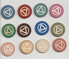 Circle Triangle poker chips, Bakelite, Alcoholics Anonymous, 12 color set