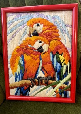 Hand Made Stitched Yarn Art Framed Tropical Parrots Wall Hanging Framed Vintage