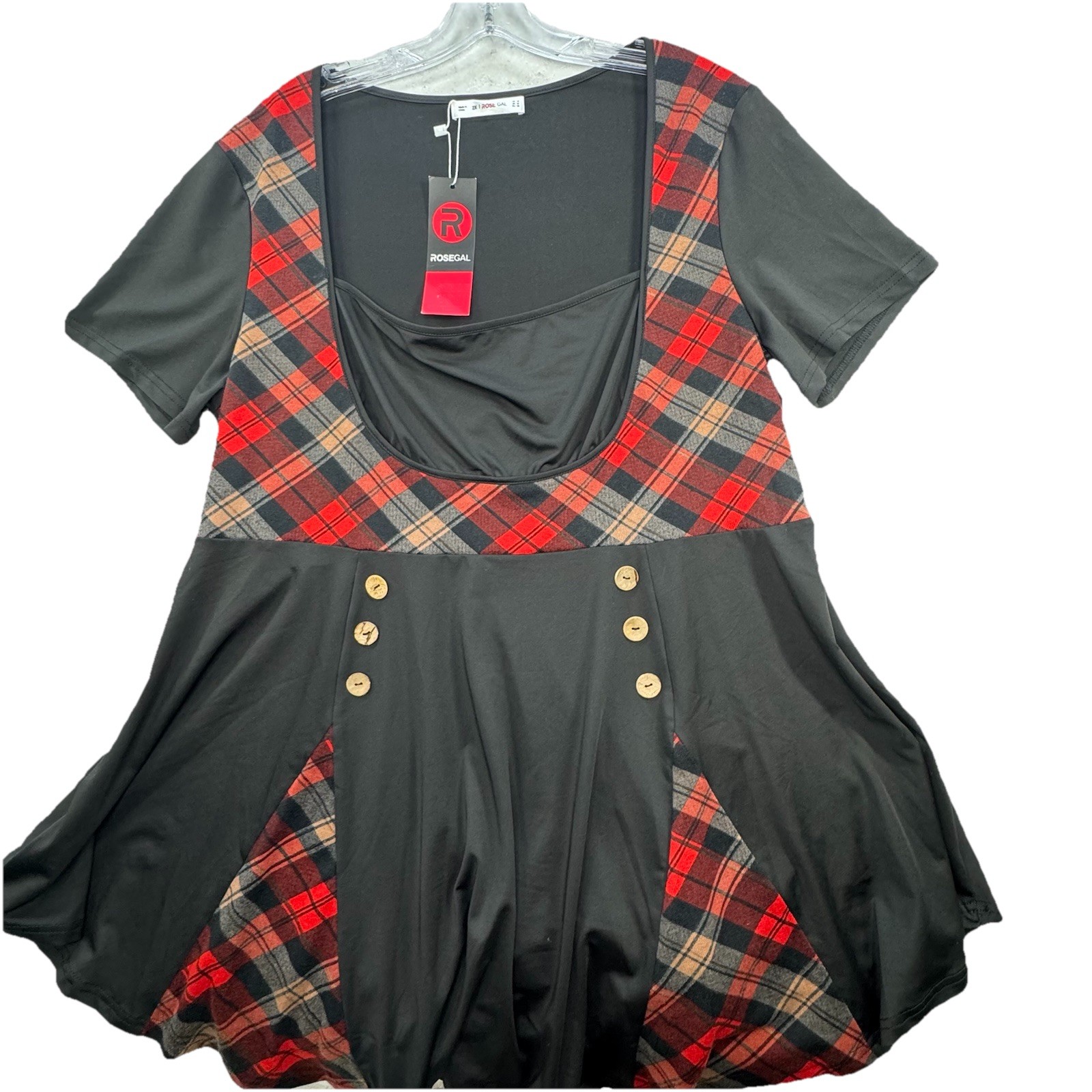 NWT Rosegal Plus Size 2X Red Black Plaid Stretchy Tunic Top 