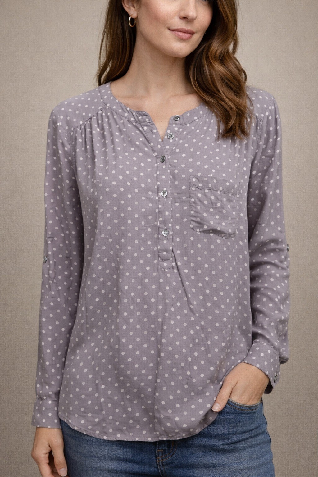 LOFT Gray Polka Dot Blouse Medium Button Front Lo… - image 1