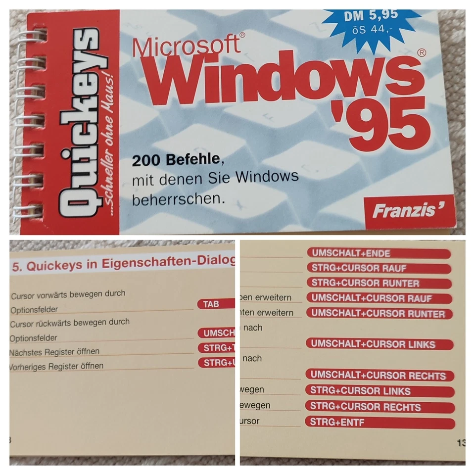 Büchlein über Standard-Tastenkombinatioen für WINDOWS 95