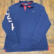 Vineyard Vines Mens USA Long Sleeve Polo Shirt Navy Blue Red Size M Rugby Whale