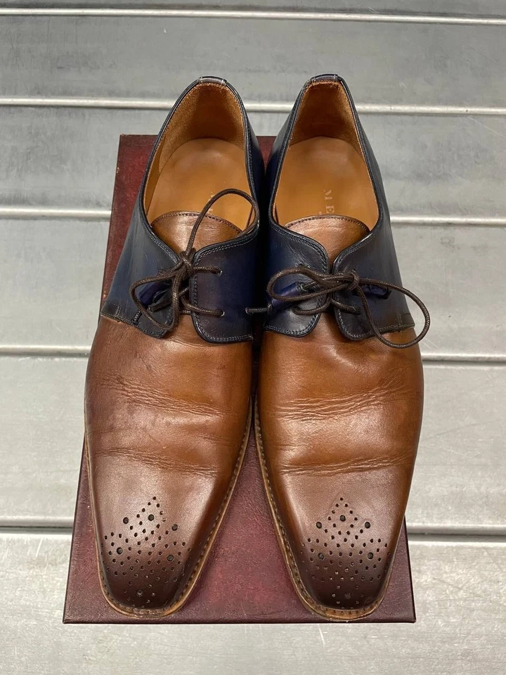 Mezlan Montes Lace Up Dress Shoes Mens 9.5 Cognac Navy Calfskin Luxury Medallion - Image 2 of 4