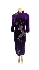 Chinese Traditional Velvet Qipao Dress Women Evening Gown Embroidery Purple S
