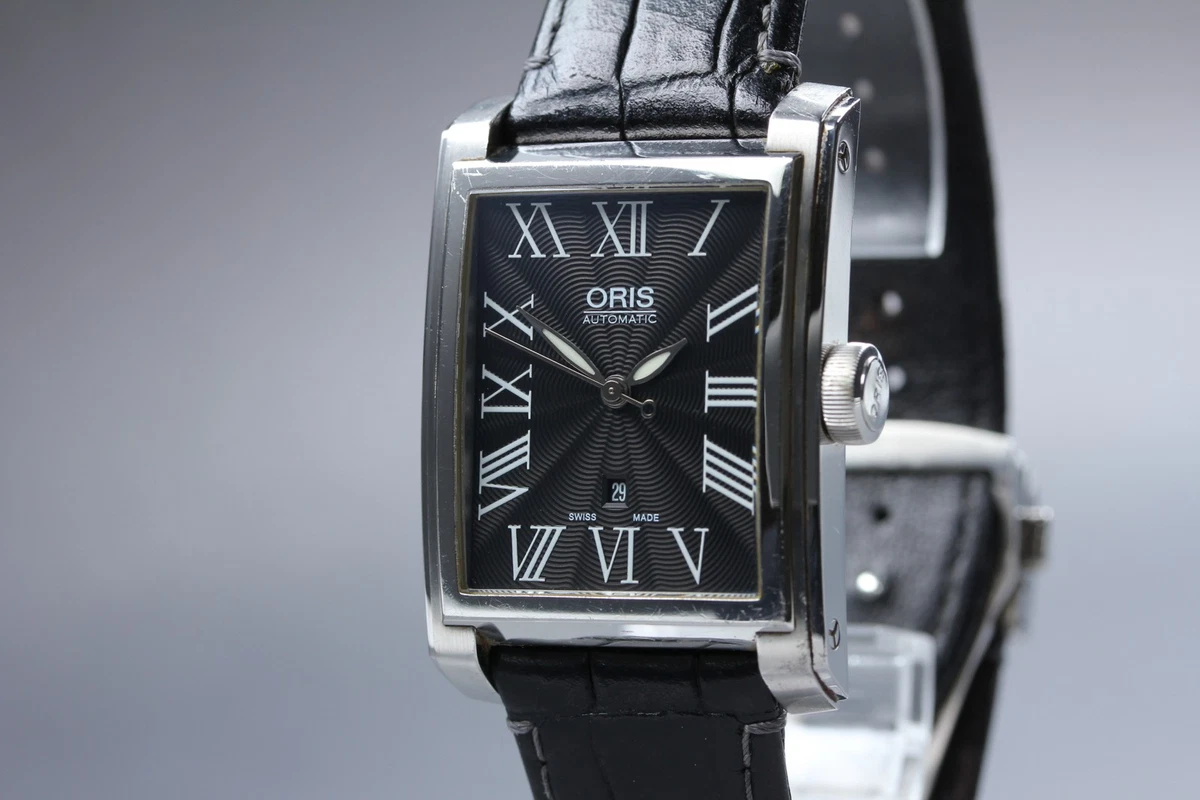 Near MINT] Oris 7657 Rectangular Date Roman Black AT Mens Watch