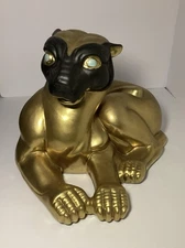 BEAUTIFUL CHINESE PORCELAIN HAND PAINTED GOLD CAT W/BLUE EYES & BLACK MASK 13” !