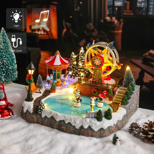 2025 ANIMATED MUSICAL LED CHRISTMAS VILLAGE AMUSEMENT PARK SKATERS FERRIS WHEEL
