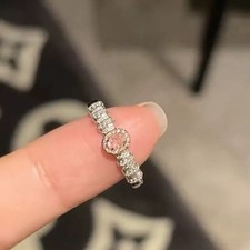 Silver Tone Halo Ring with Pink Center Stone Clear Crystals Elegant Style