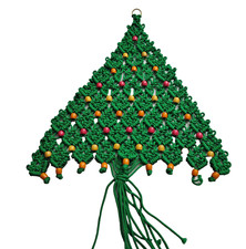 VTG 1980s Handmade Macrame Christmas Tree Wall Hanging w/ Wooden Beads