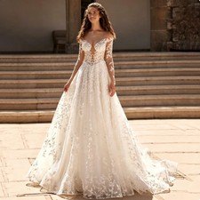 Floral Lace Applique Long Sleeve A Line Wedding Dresses Chapel Train Bridal Gown
