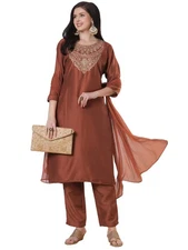 GoSriKi Women's Rayon Viscose Straight Embroidered Kurta with Pant & Dupatta ...