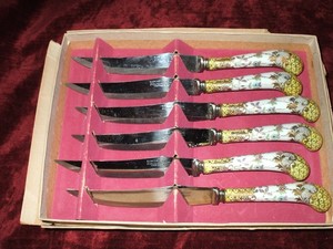 Vintage Sheffield Set of 6 Steak Knives,  Porcelain handles with  Floral design
