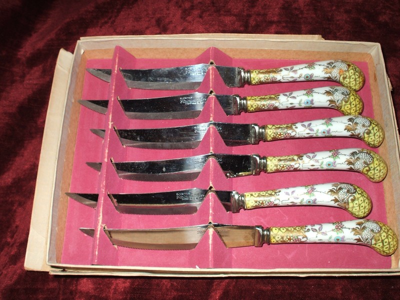 Vintage Sheffield Set of 6 Steak Knives,  Porcelain handles with  Floral design