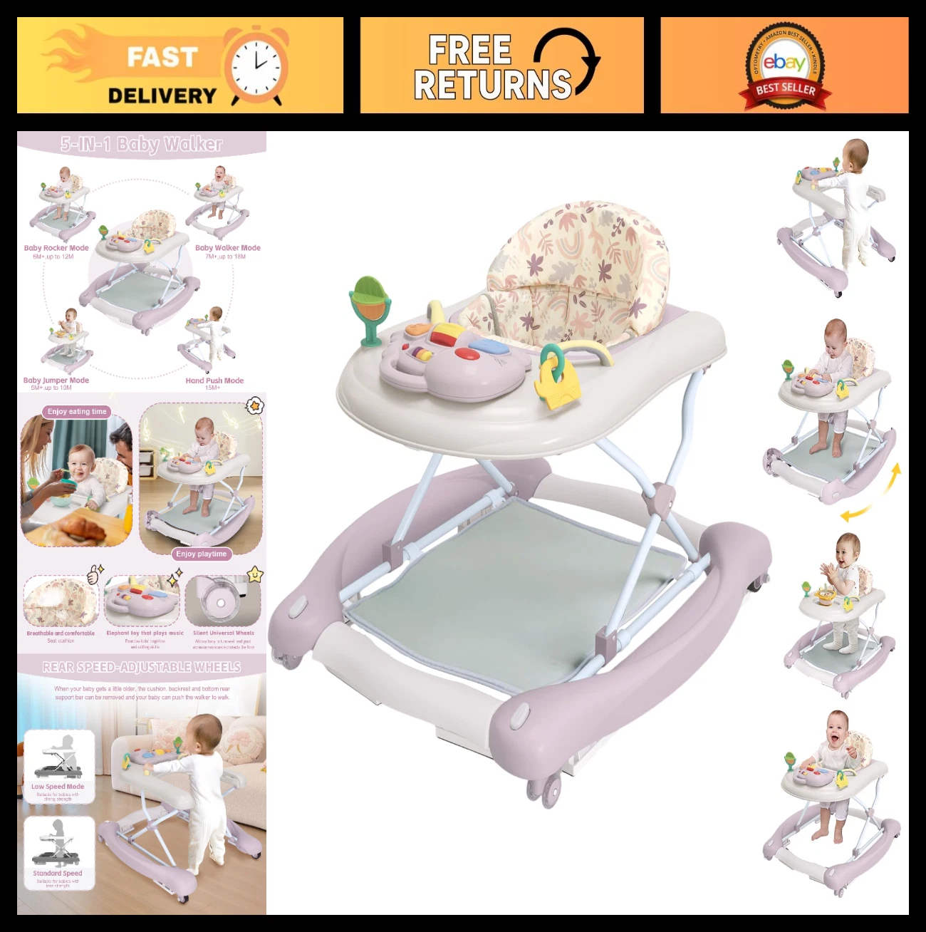 5-in-1 Foldable Baby Walker & Bouncer, Adjustable Speed, Activity Center, 6-18 M
Opens in a new wind