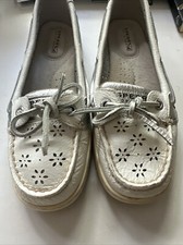 Sperry Top Sider Women's Boat Shoes Size 6M Leather White W Silver Laces