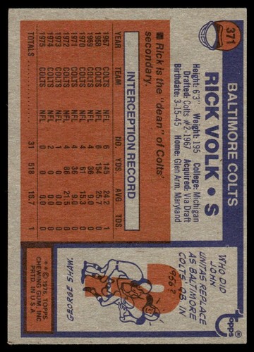 1976 Topps Rick Volk Baltimore Colts #371 - Picture 2 of 2