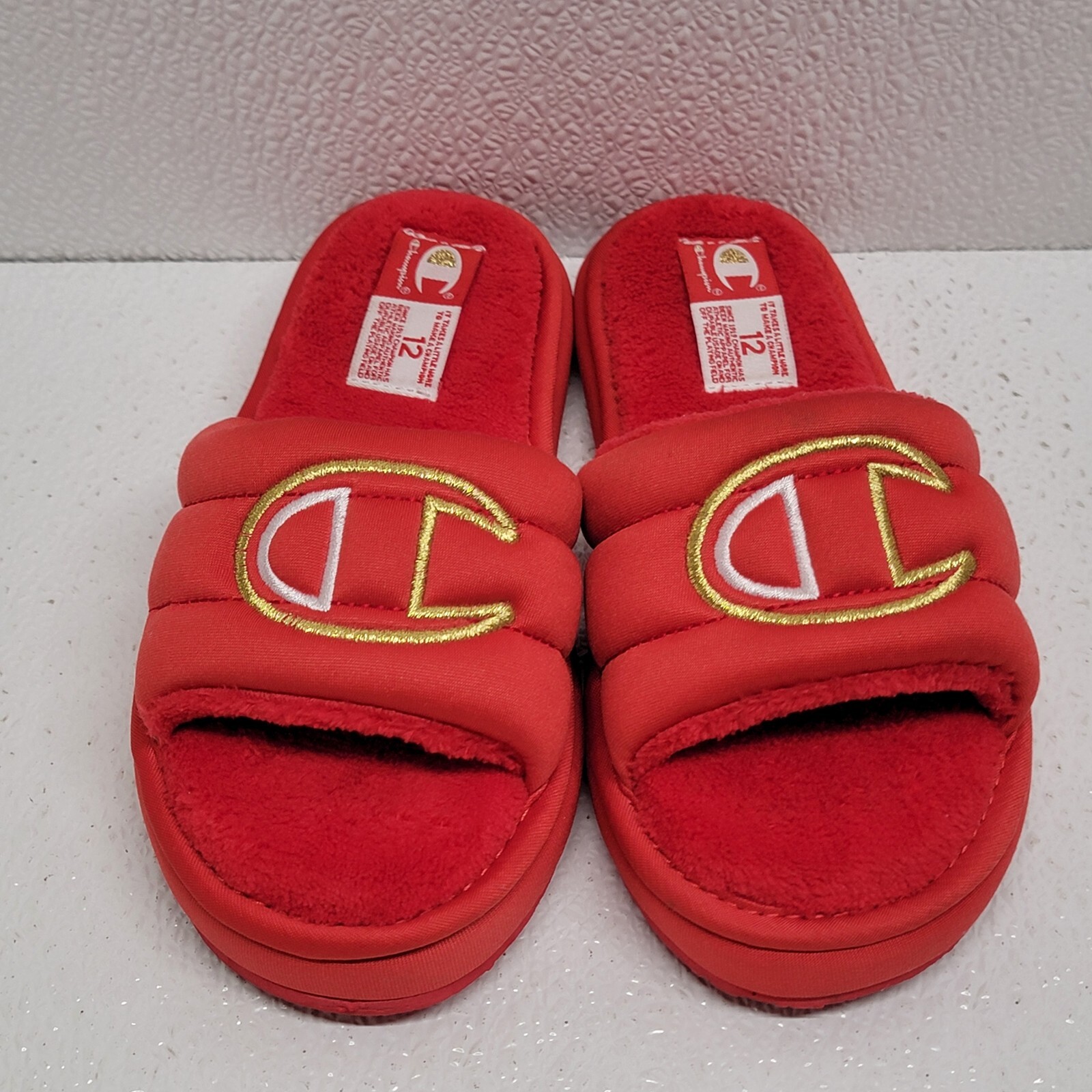 PANTOFOLA D’ORO Sandali ciabatte Champion Slides nucleo peluche rosso oro bambino taglia 12P