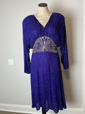 Vintage Judith Ann Creations Dress Small Purple Silk Beaded Dolman Long Sleeve