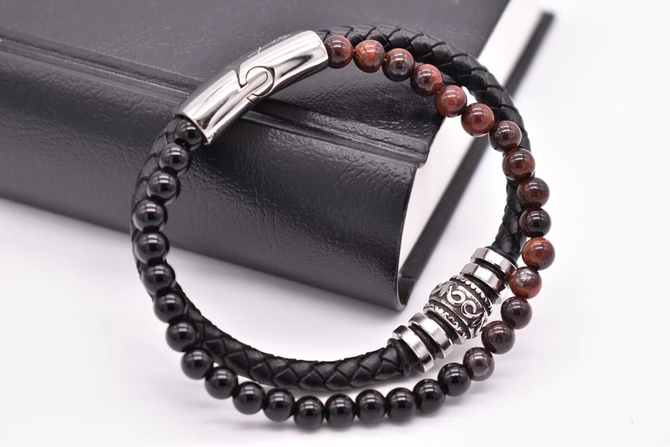 Pulsera Reiki Energía Curativa Cuero Ojo de Tigre Obsidiana Hombre Regalo Perfecto Foto 2 de 4