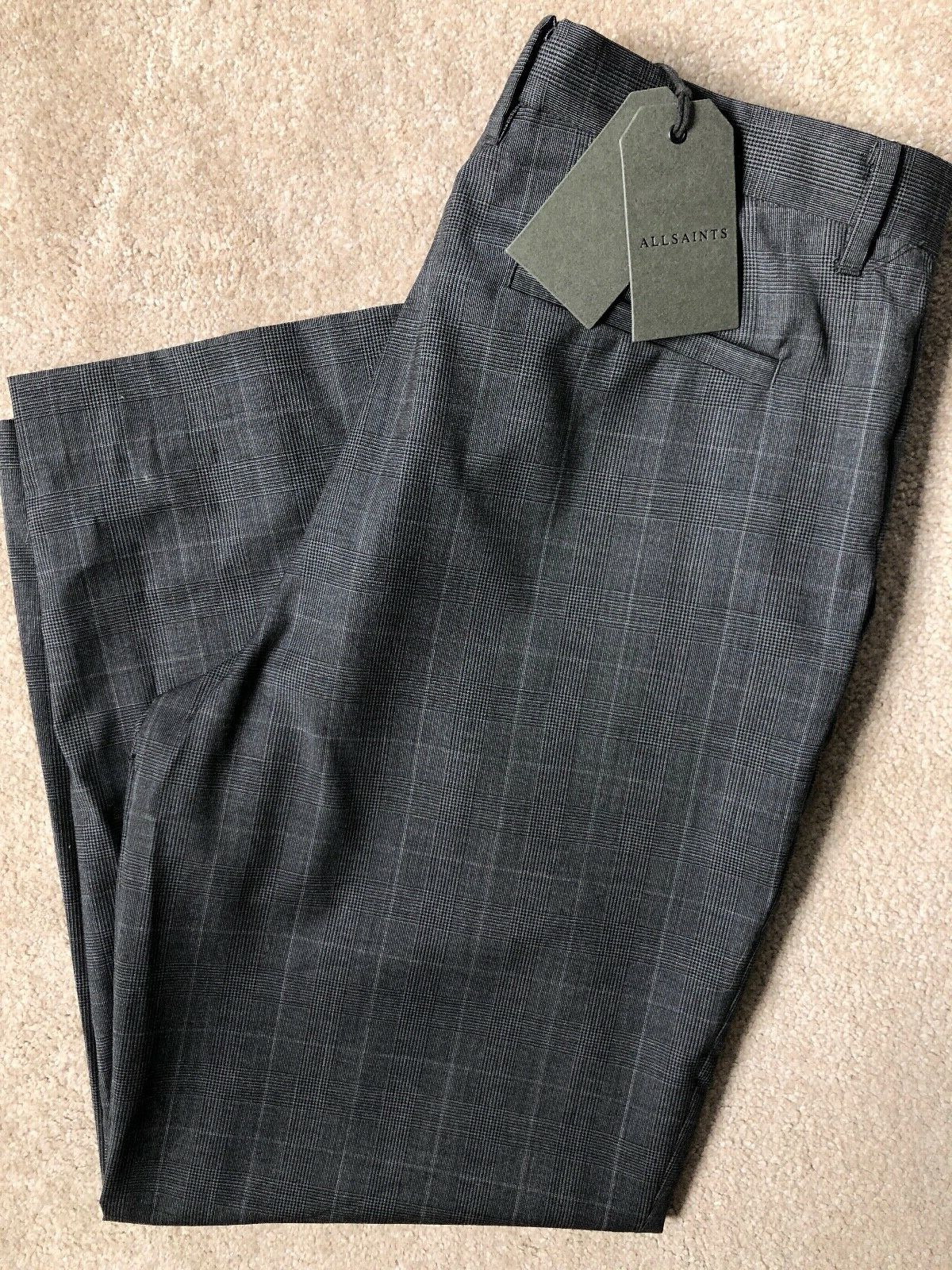 ALL SAINTS MEN'S GREY "ANTE" WOOL CHECK TROUSERS PANTS 30" NEW