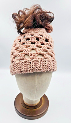 Handmade Womens BLUSH PINK Crochet Ponytail Messy Bun Beanie WITH BOW   #1783