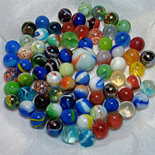 Mixed Lot Glass Marbles 75 Assorted Colors  Designs Machine Made. New and old.