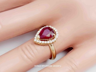 2.35Ct Genuine Mined Pear Ruby And Diamond Ring In Solid  14K Yellow Gold, Halo
