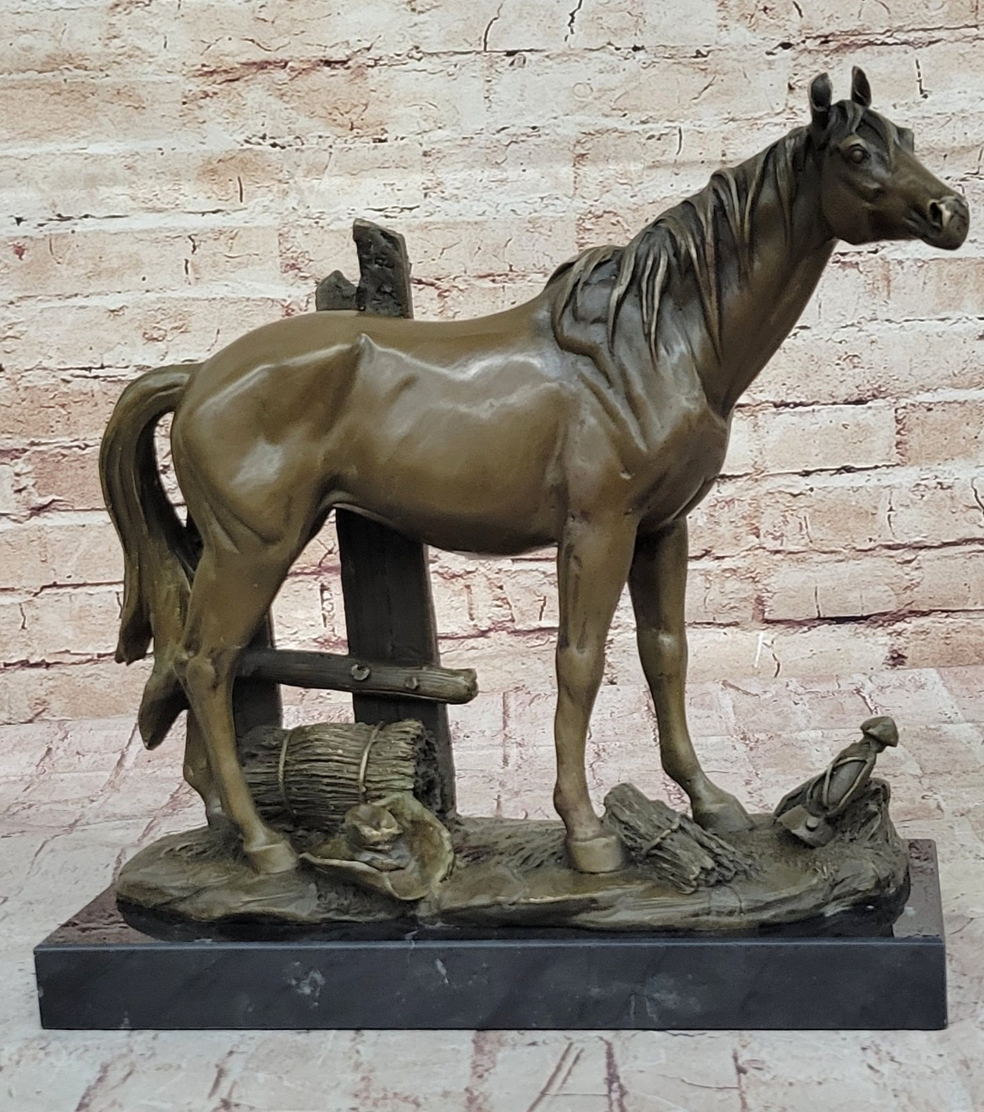 Horse Bronze Sculpture Wild Farm Animal Marble Base Figurine Home Decor Figure