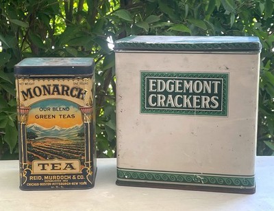 Vintage 1920 s Edgemont Crackers And Monarch Tea Metal Tin Decor