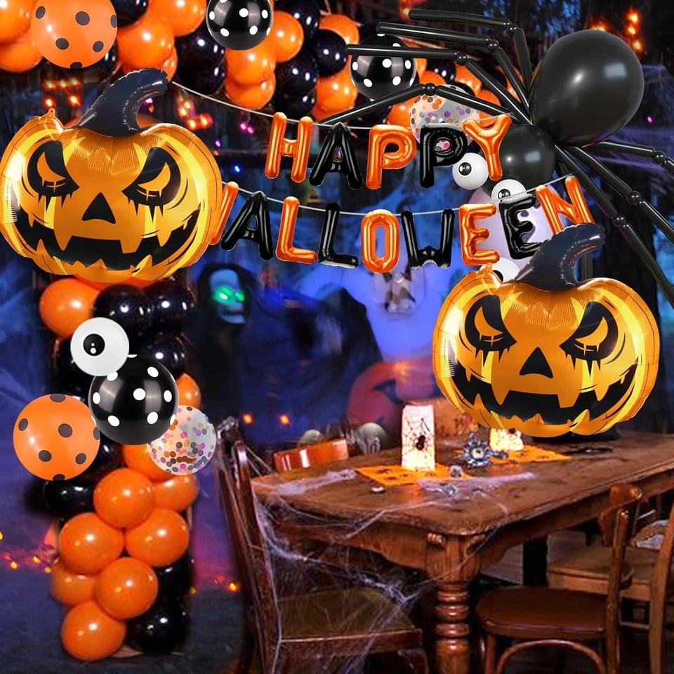 Feliz Halloween Globos Enormes Naranja Negro Calabaza Lámina Globos Fiesta Decoración Foto 2 de 4