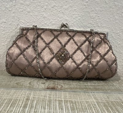 Carlo Fellini Pink Beaded Kiss Lock Evening Clutch, Silver Chain Strap