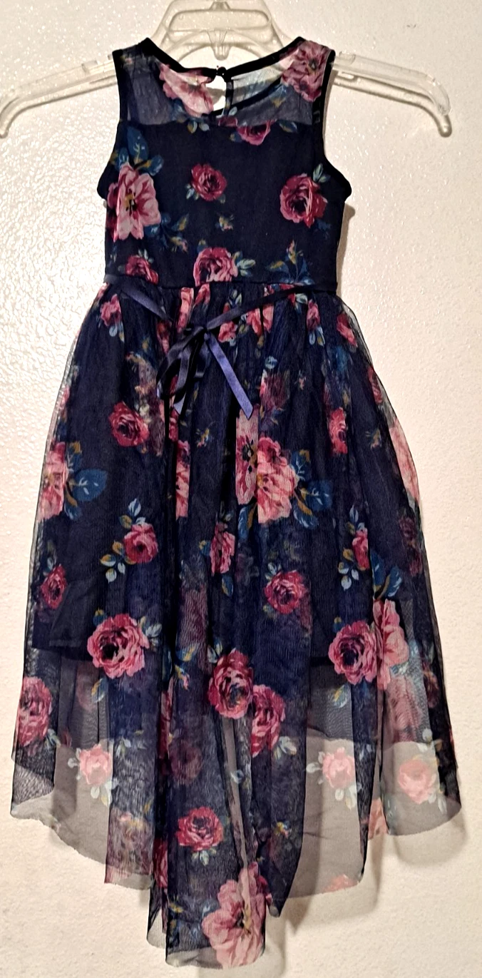 Girl's Zenzi Tulle Navy Blue Floral Sleeveless High-Low Hem Dress Size S (6/6X)