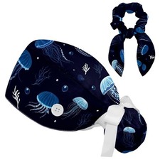 Scrub Caps Women Nursing Hats Jellyfish Animal with Buttons Ponytail Working ...