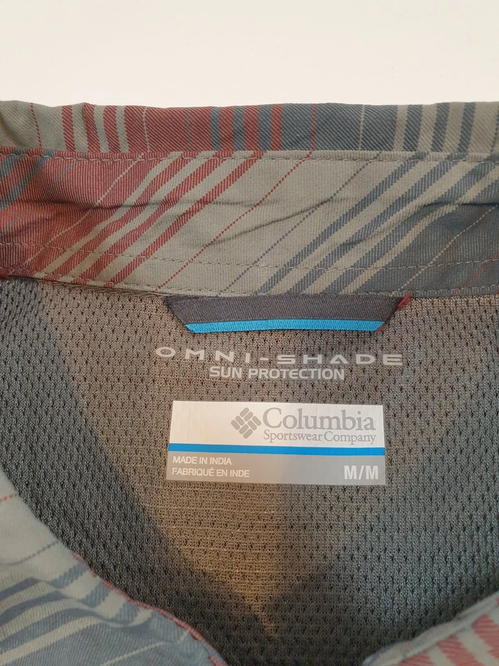Camisa Columbia Para Hombres Mediana Roja Gris Rayas Omni-Sombra UPF 30 Senderismo Pesca Foto 3 de 4