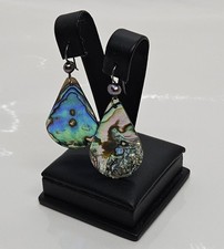 Vintage Silver Tone Abolone Shell Real Pearl Dangle Drop Pierced Earrings 2"