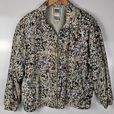 EVR Vintage 100% silk jogger jacket zip front size L brown black green print 