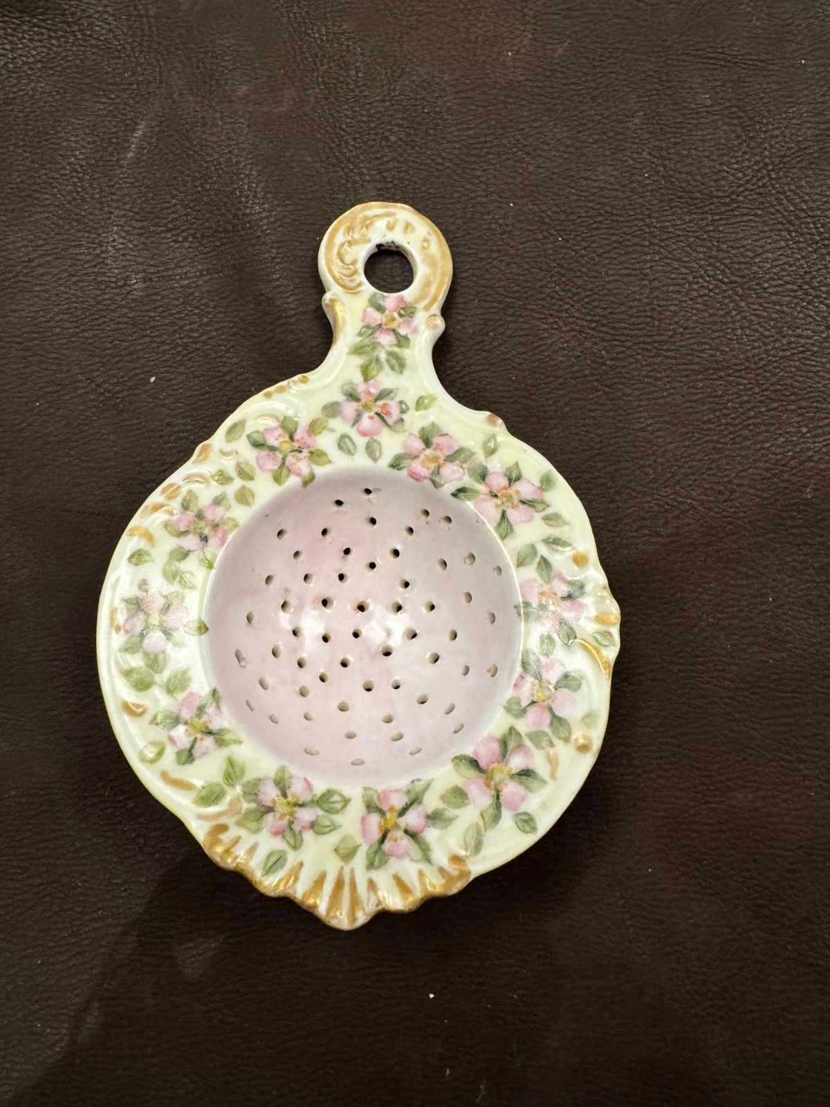 Vintage Hand Painted Porcelain Tea Strainer Floral Gold Trim Drip Plate