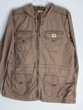 Carhartt Women's Canvas Large Duck Unlined Hooded Jacket Brown Full Zip Workwear