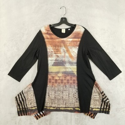 Jess & Jane Tunic Women Medium Colorblock Aztec Flowy Bling Artsy Comfort Top