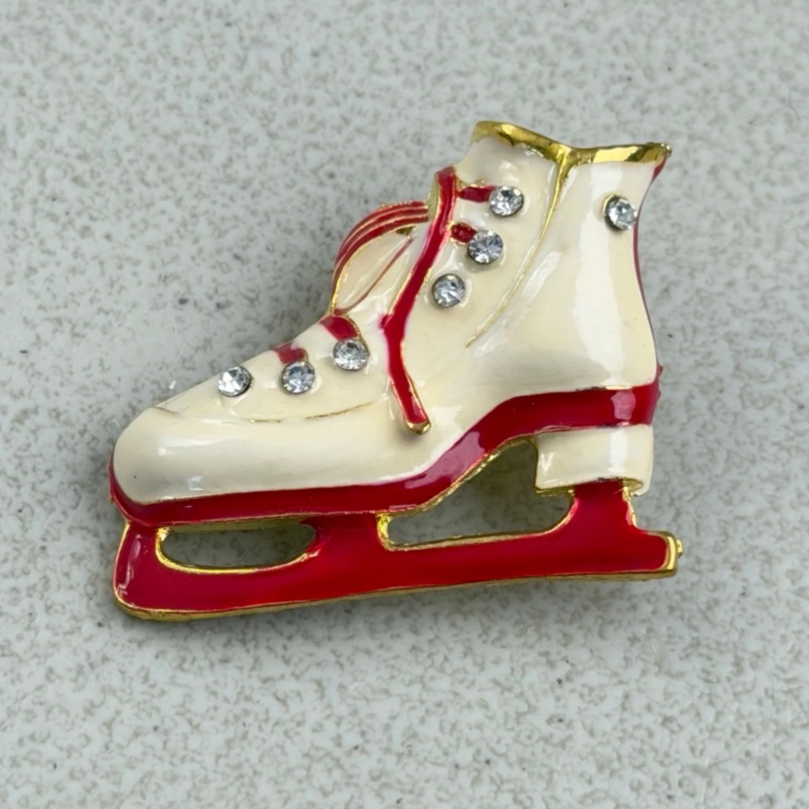 Vintage Ice Skate Pin White Red Enamel Rhinestone Lapel Brooch Winter Skater
