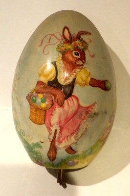 Vintage Musical Paper Mache Easter 5'' Egg Bunny Lithograph Working W. Germany