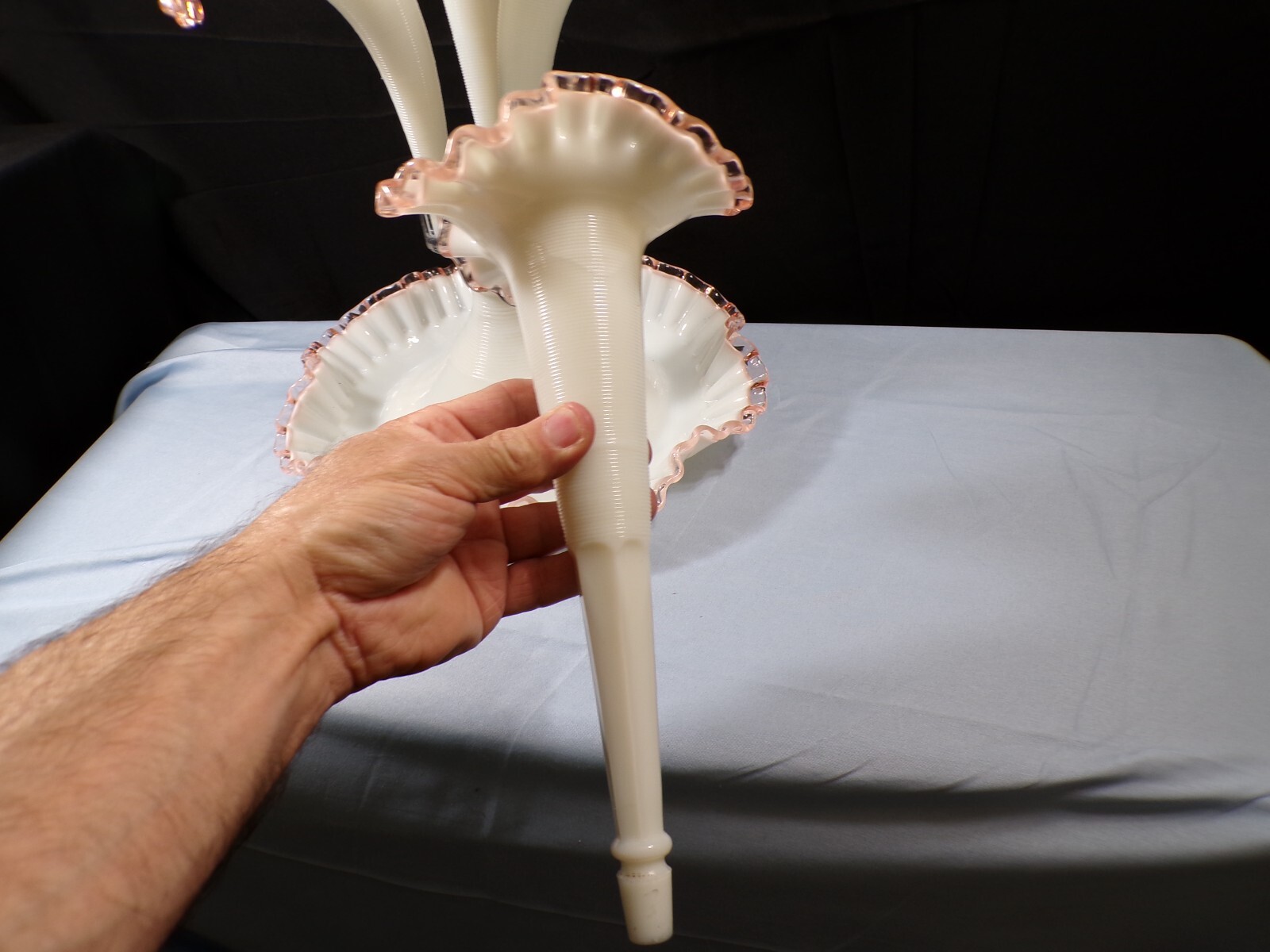 Fenton For L.G. Wright Milk Glass Pink Rose Crest Four 4 Horn Epergne