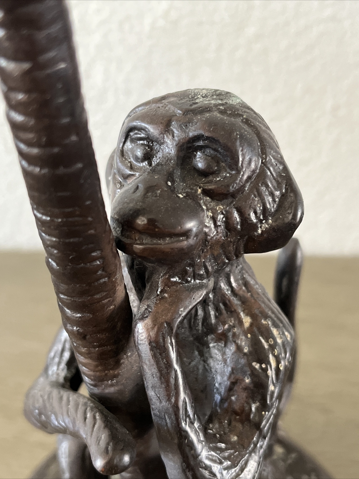 Vintage Pair Of Solid Bronze Monkeys Climbing Palm Tree Candle Holders
