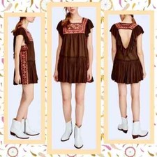 Free People Day Glow Mini Dress XS Bitter Olive Brown Boho Retro