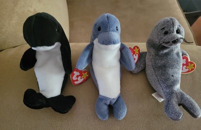 TY Beanie Babies Sea Ocean Animals Slippery Sea Lion, Echo Dolphin, Waves Whale
