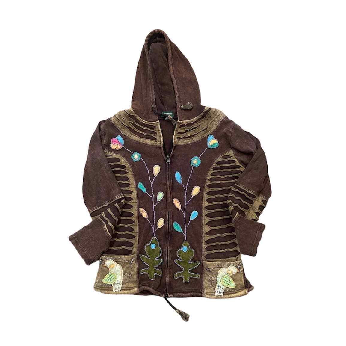 Kathmandu Imports Full Zip Boho Hoodie Big Stitch Flowers Pockets