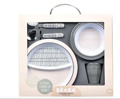 Beaba Pink Grid Melamin-Geschirrset, Geschenkset, Mädchen 5 teiliges Starter Set