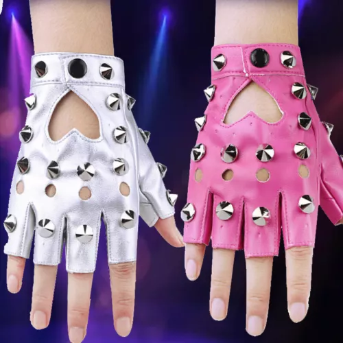 Women Faux Leather Fingerless Gloves Gothic Half Finger Stud Rivet Punk Gloves-- - Picture 1 of 29
